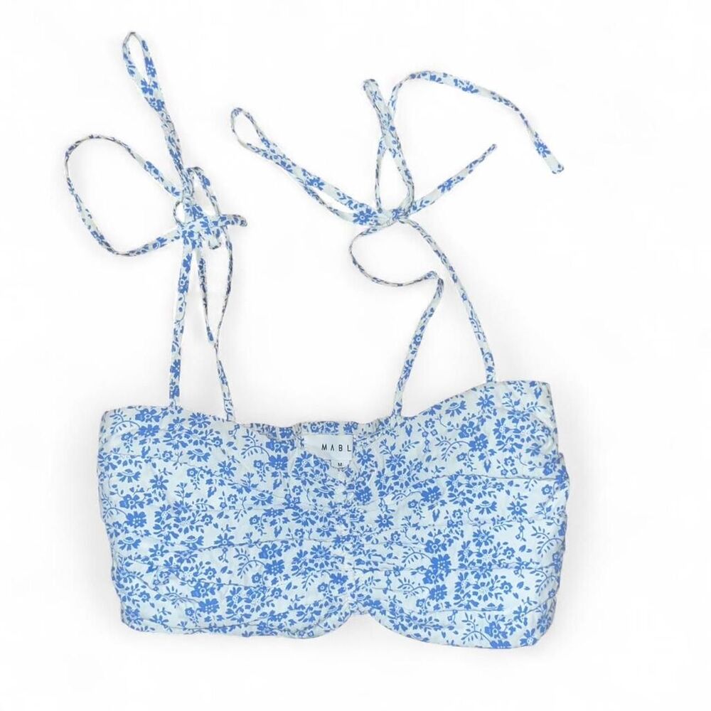 Mabel Women's Blue and White Rusched Summer Boho Coastal Tie Straps Top SZ M
